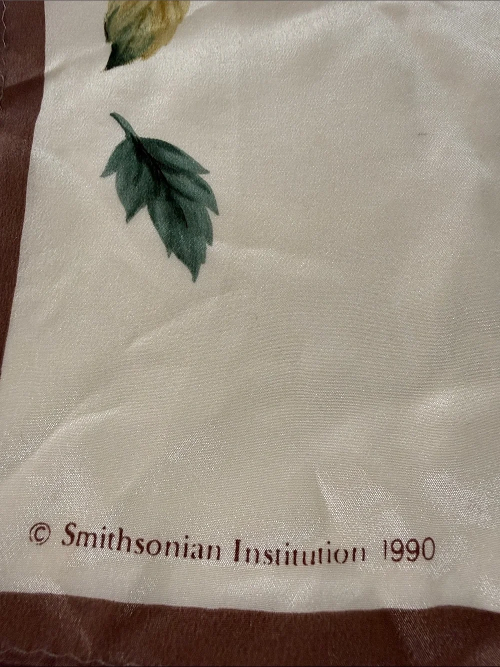 Smithsonian 1990 Silk-Cream Floral Autumn Leaf Scarf Brown Border New never used